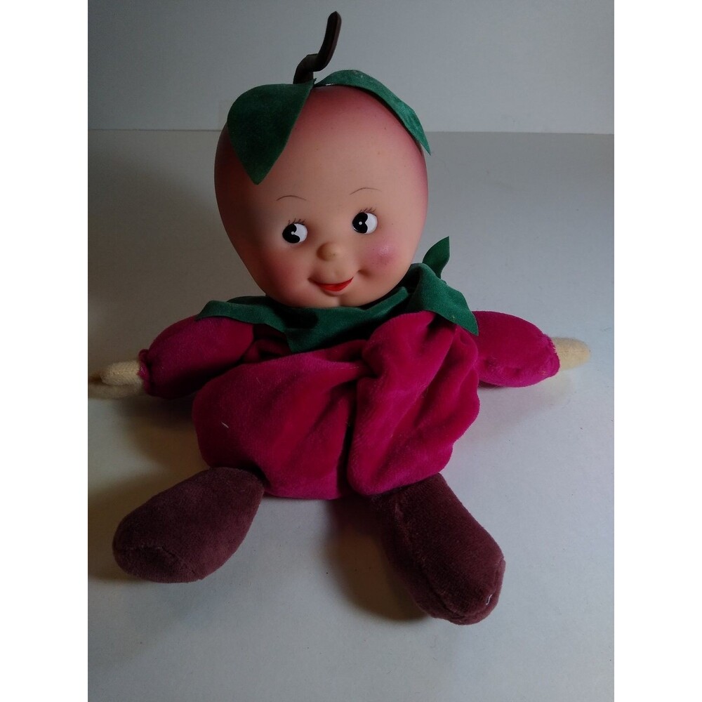 Peach Head Beanbag Plush Doll with Velour Body and Leaves Anthropomorphic Kitsch